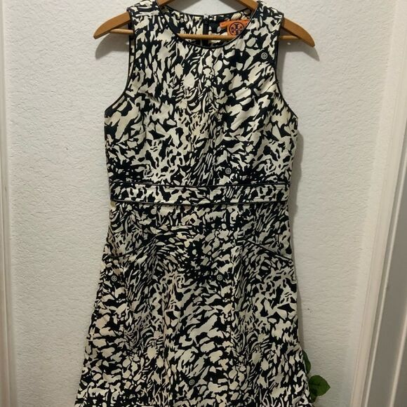 Tory Burch Black/off white Cotton/Silk Leather Trim Dress Sz 6 - Picture 1 of 9